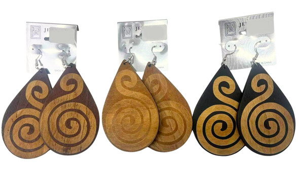 3.5" Tribal Spiral Wooden Teardrop Dangle Earrings .68 each pair