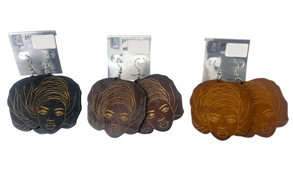 2.75" Afro Queen Wooden Statement Earrings .68 each pair