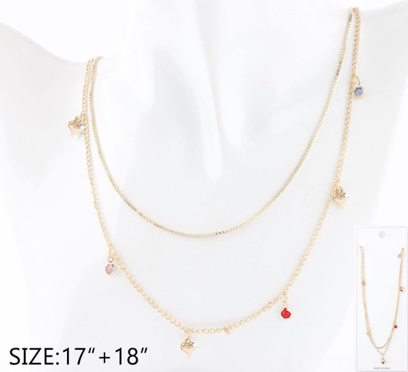 Double Layer Chain Necklace with Heart & Color Crystal Charms .68 each