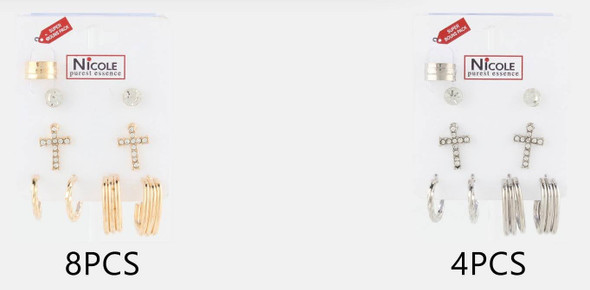 Multipair Cross, Clear Stud & Classic Hoop Earring Set .68 each set