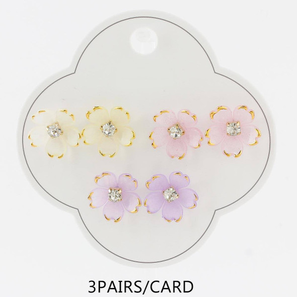 3 Pair Pastel Flower Stud Earring Set with Crystal Center .68 each set