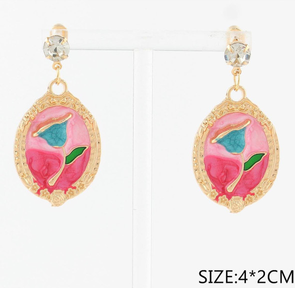 1.5" Gold Tone Floral Enamel Oval Drop Earrings with Crystal Stud .68 each pair