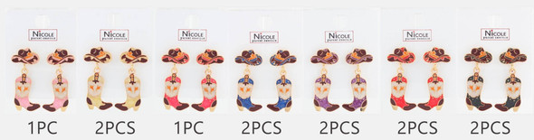 1.7" Colorful Western Cowboy Hat & Boot Drop Earrings .68 each pair