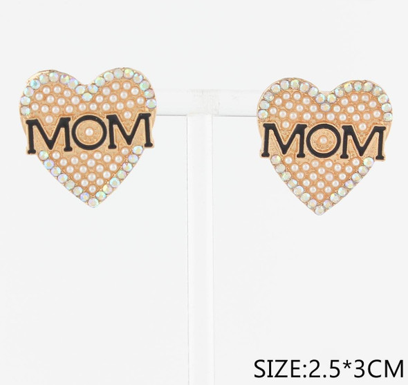1.1" Pearl & Rhinestone MOM Heart Stud Earrings .68 each pair