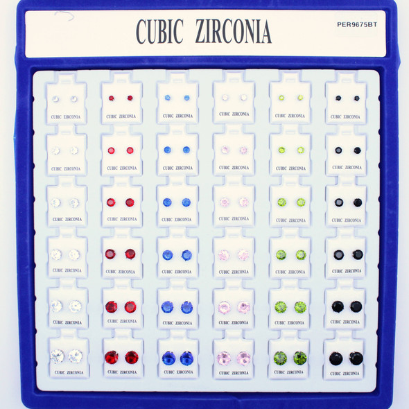 SPECIAL Mixed Size Asst Colors Cubic Zirconia Round Shaped Earrings 36 per box .40 ea pair