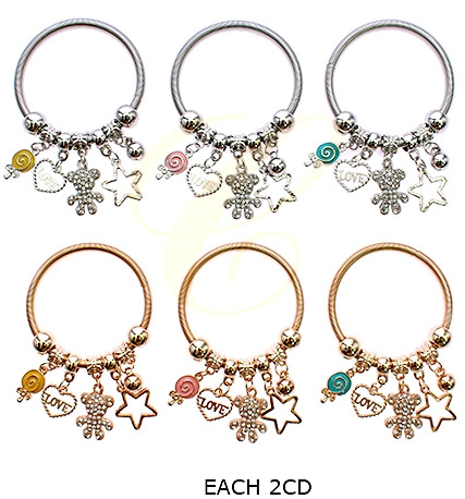 Kids Gold & Silver Spring Style Bracelet w/ Teddy Bear & Candy Charms .68 each