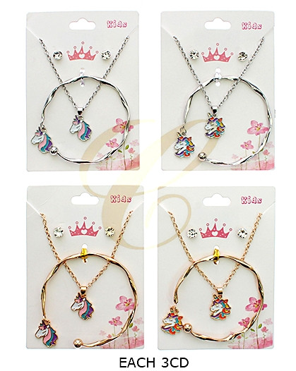 3 Pc Kids Unicorn Jewelry Set – Necklace, Bracelet & Earrings (0883) .72 each set