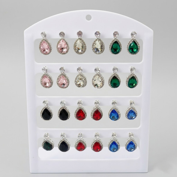 Crystal Teardrop Drop Earrings On 12 Pair Display .68 each pair