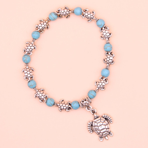 Turquoise Stone Bead & Cast Silver Turtle Fashion Bracelet .68 each