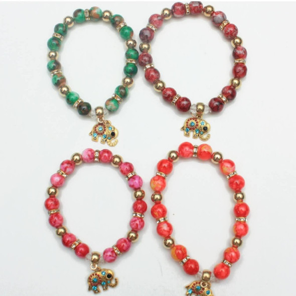 Glass MBL Beaded Stretch Bracelet w/ Cry. Stone Elephant Charm .68 each