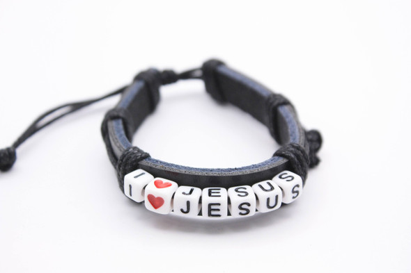 Teen Leather Bracelet I Love Jesus Letter Style Blk/Brown .68 each