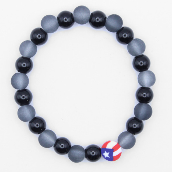Sleek Black & Grey Beaded Bracelet w/ Fimo Puerto Rico Flag .68 each