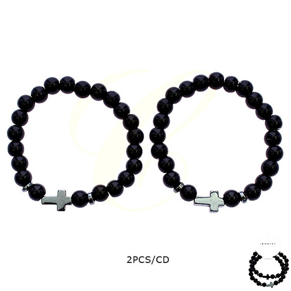 2 Pc Set Black Bead Hematite Cross Stretch Bracelet .68 each set