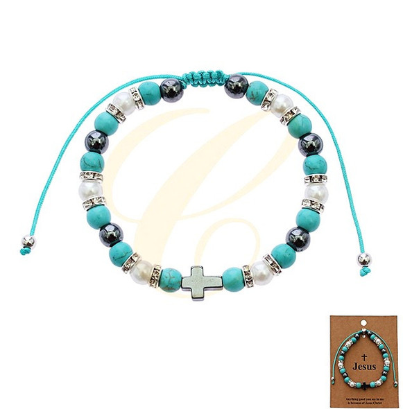Adjustable Turquoise, Pearl & Hematite Cross Bracelet .68 each