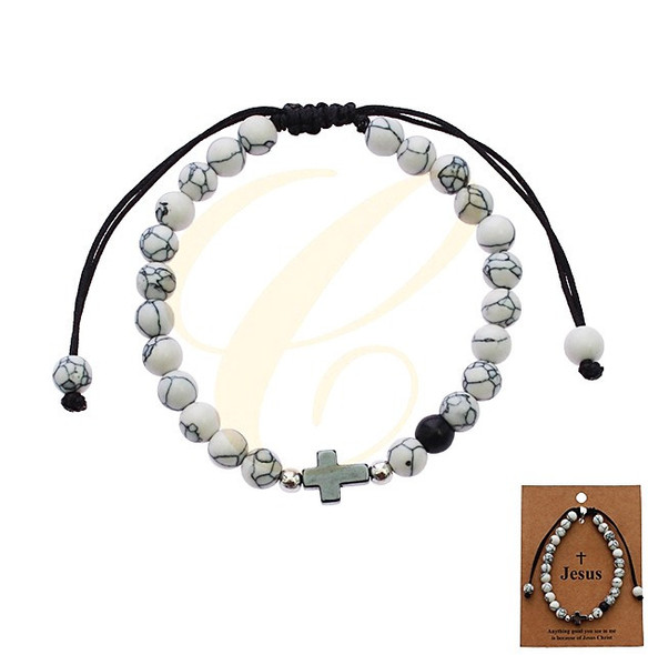 Adjustable Hematite Cross Bracelets w/ White Marble & Black Beads .68 each