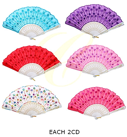 9" Sequin Sunburst Pattern Folding Hand Fan Asst Colors .68 each