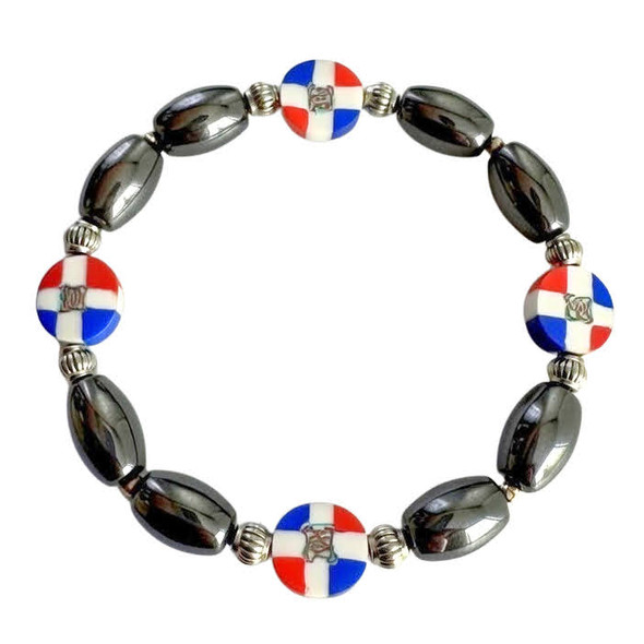Dominican Republic Flag Hematite Beaded Stretch Bracelet .68 each