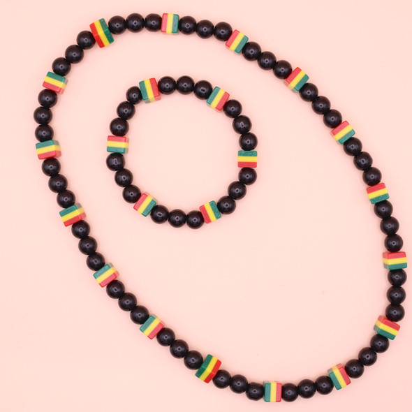 Rasta Color Square Bead w/ Black Bead Bracelet & Necklace Set  .68 each