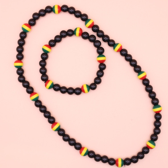 Rasta Colors Black Bead Bracelet & Necklace Set .68 each set