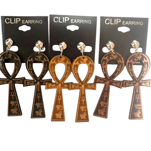  Ankh Cross Wood Clip On Earring w/ Etchings Natural Colors .68 Per Pair