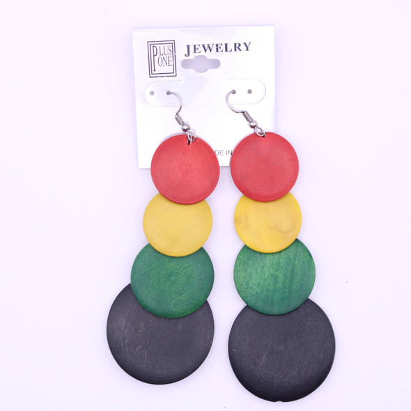 4" Wood Disc Fashion Earring Rasta Color .68 each pair 