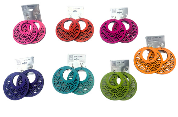 3" Boho Carved Wooden Circle Earrings Bright Colors .68 each pair