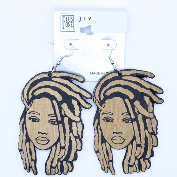 3.5" Woman w/ Dreadlocks Wood Earring Natural Colors .68 Per Pair