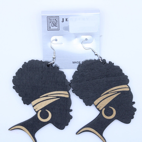 3.5" Woman w/ Afro Wood Earring Natural Colors .68 Per Pair