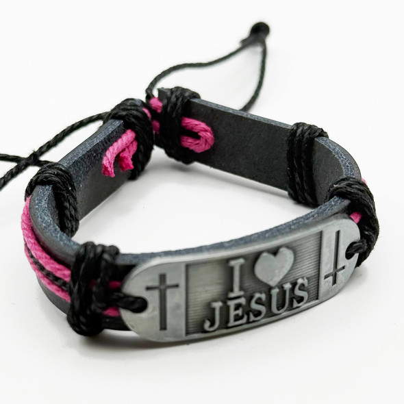 I Love Jesus Gold & Silver Plate Leather Bracelet Asst Colors .68 each
