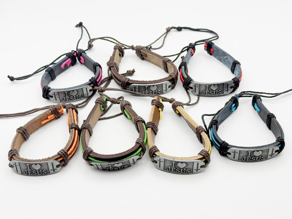 I Love Jesus Gold & Silver Plate Leather Bracelet Asst Colors .68 each