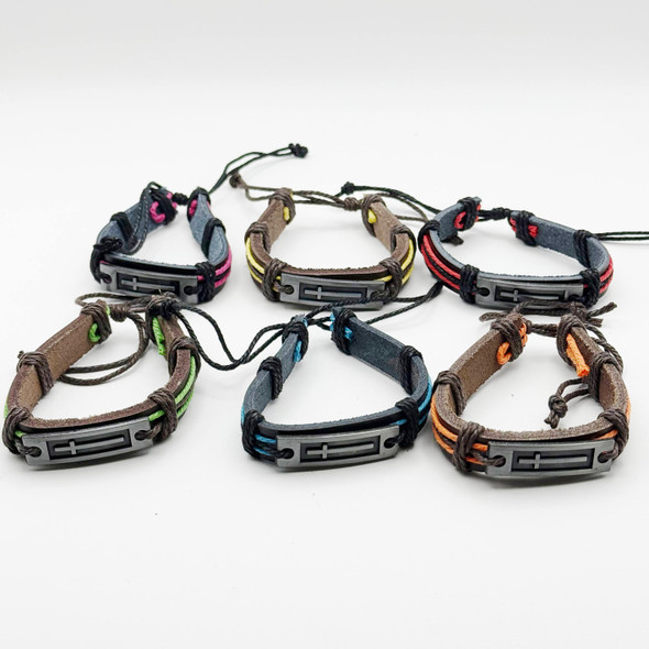 Metal Cross Teen Leather Bracelet Asst Colors .68 each