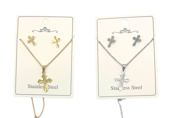 16"-18" Adjustable Stainless Steel Cross Pendant Necklace & Earring Set .68 each