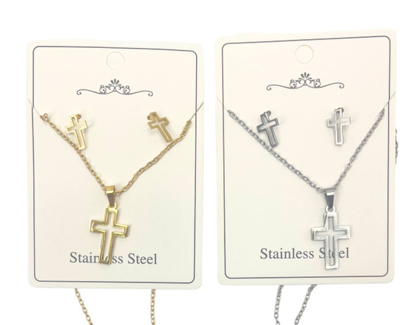 16"-18" Adjustable Stainless Steel Cross Pendant Necklace & Earring Set .68 each