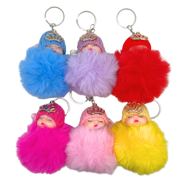 Cute Sleeping Doll Pom Pom Keychain with Crown & Hat .68 each