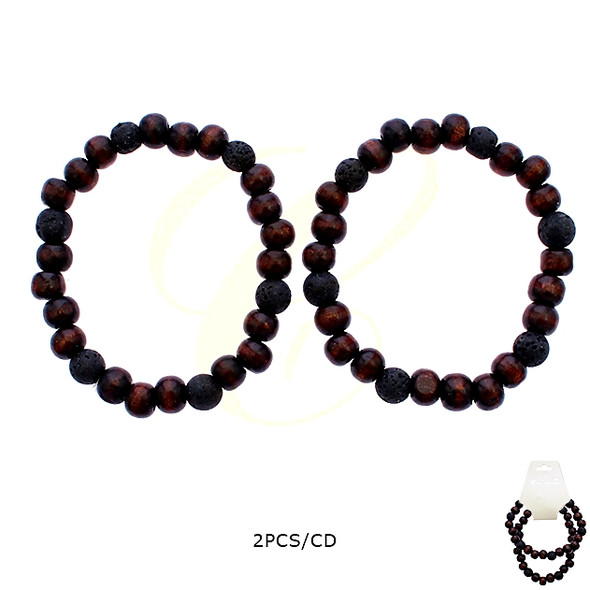 2 Pc Set Natural Wood & Lava Stone Beaded Bracelet .68 each set