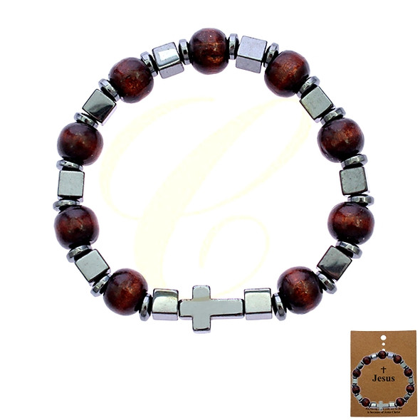 Wood & Hematite Cross Beaded Bracelet .68 each
