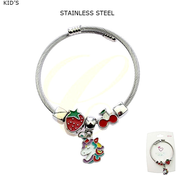 Kids Stainless Steel Charm Bangle Bracelet w/ Strawberry, Cherry & Unicorn Charms .68 each