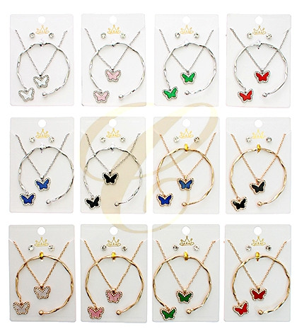 3 Pc Gold & Silver Butterfly Jewelry Set – Necklace, Bracelet & Earrings .72 each set