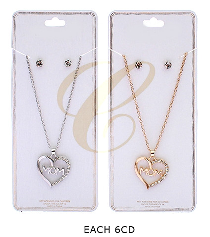 16"-18" Adjustable Heart “MOM” Pendant Necklace & Earring Set .68 each set