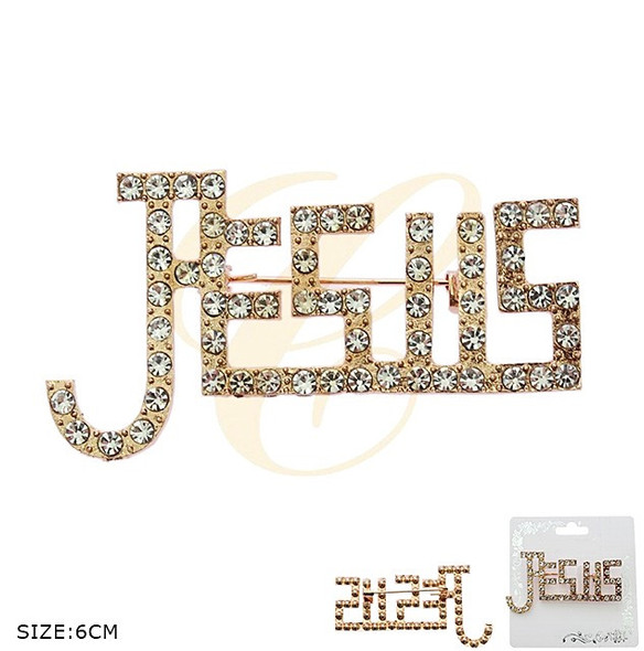 2.3" Sparkling JESUS Rhinestone Brooch Gold & Silver .68 each