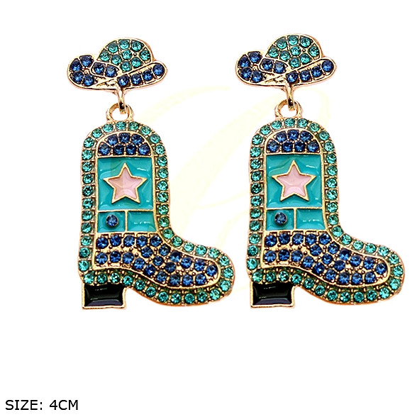 1.6" Rhinestone Cowboy Boot Drop Earrings with Hat Stud .68 each pair