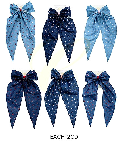 13.7" Denim Look Cherry Print Long Tail Gator Clip Hair Bow .68 each