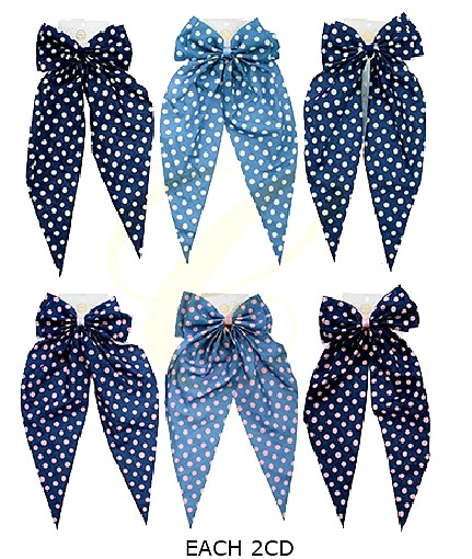 13.7" Denim Look Polka Dot Print Long Tail Gator Clip Hair Bow .68 each