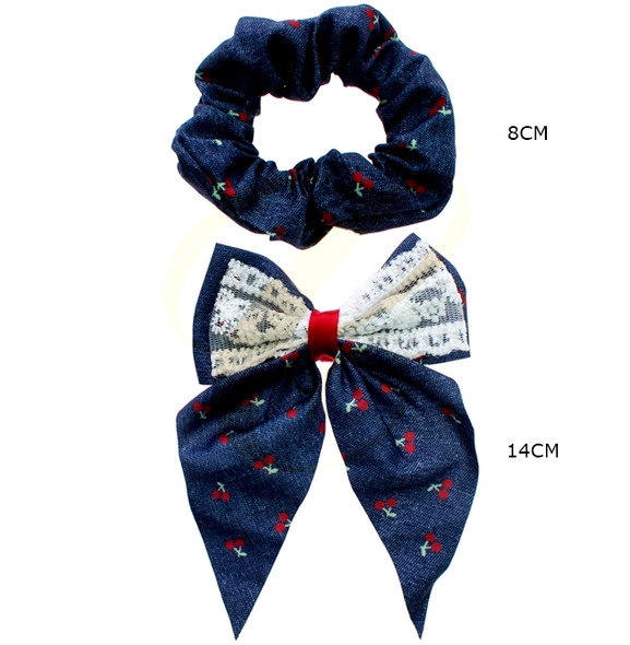 2 Pc Set Denim Look Cherry Scrunchie & Bow Hair Clip .68 each set