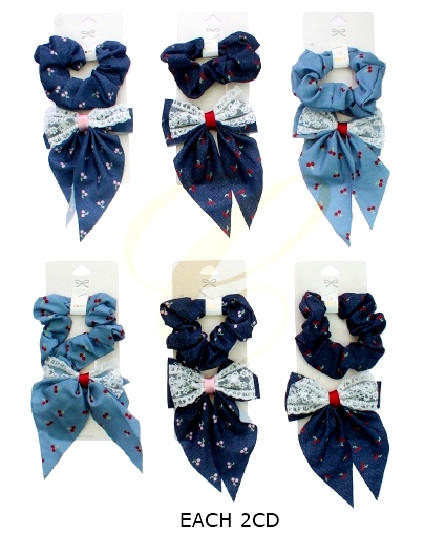 2 Pc Set Denim Look Cherry Scrunchie & Bow Hair Clip .68 each set
