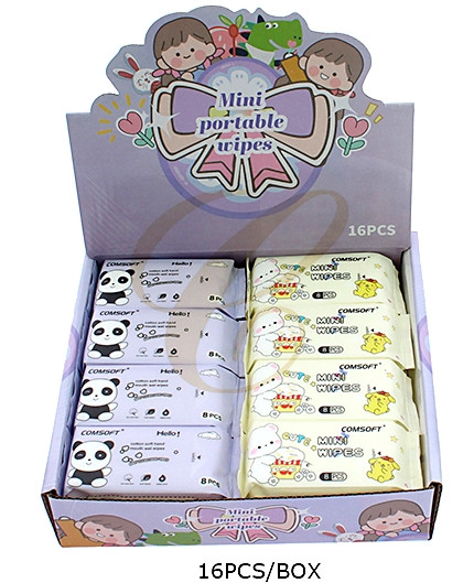 Novelty Mini Portable Wipes 16 pcs per display box (0755) .56 each