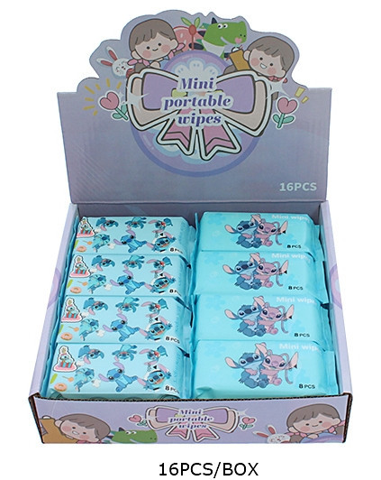 Novelty Mini Portable Wipes 16 pcs per display box .56 each