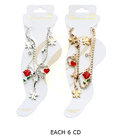 Rose, Heart & Butterfly Charm Anklet with Rhinestones .68 each