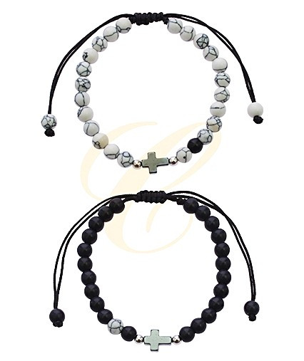 Adjustable Hematite Cross Bracelets w/ White Marble & Black Beads .68 each