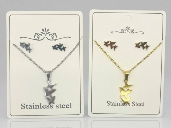 16"-18" Adjustable Stainless Steel Butterfly Pendant Necklace & Earring Set .68 each
